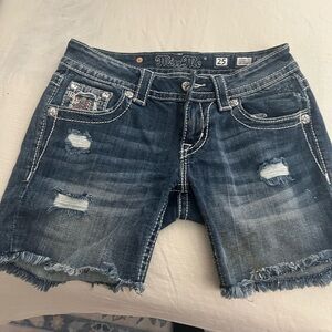 Miss Me Distressed Dark Blue Jean Shorts